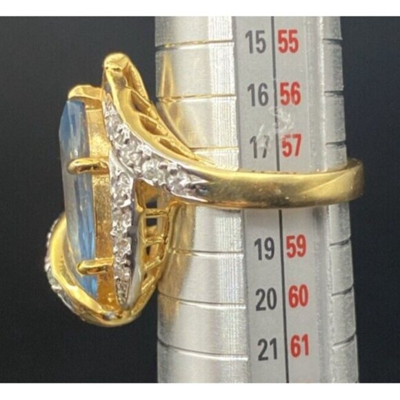 Signed Cocktail Ring EBCO Marquise 3+ Ct Blue Topaz & CZ 18K HGE Gold Size 8.25 - Picture 4 of 16